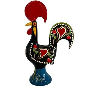 Vintage Metal Lucky Rooster Figurine Kitchen Decor Black Red Blue 5 1/2" Tall